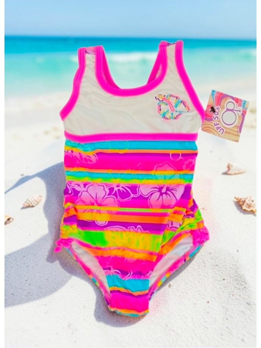 Girls Floral Striped Swimsuit With UPF 50+ Protection Size 12M Multicolor Stripe